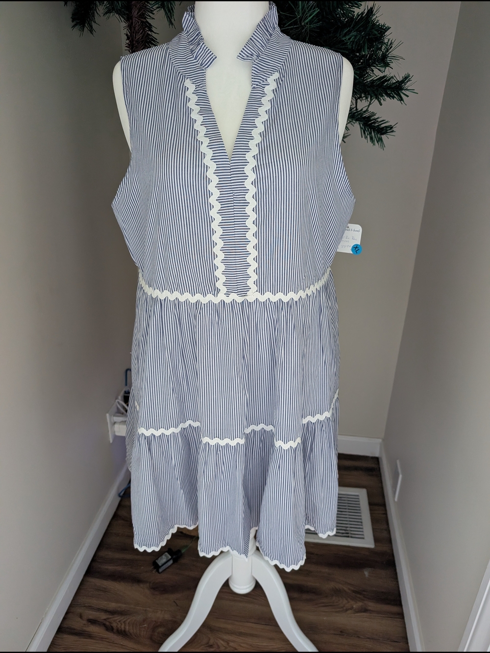 Sleeveless Blue + White Striped Ruffle Trim Dress